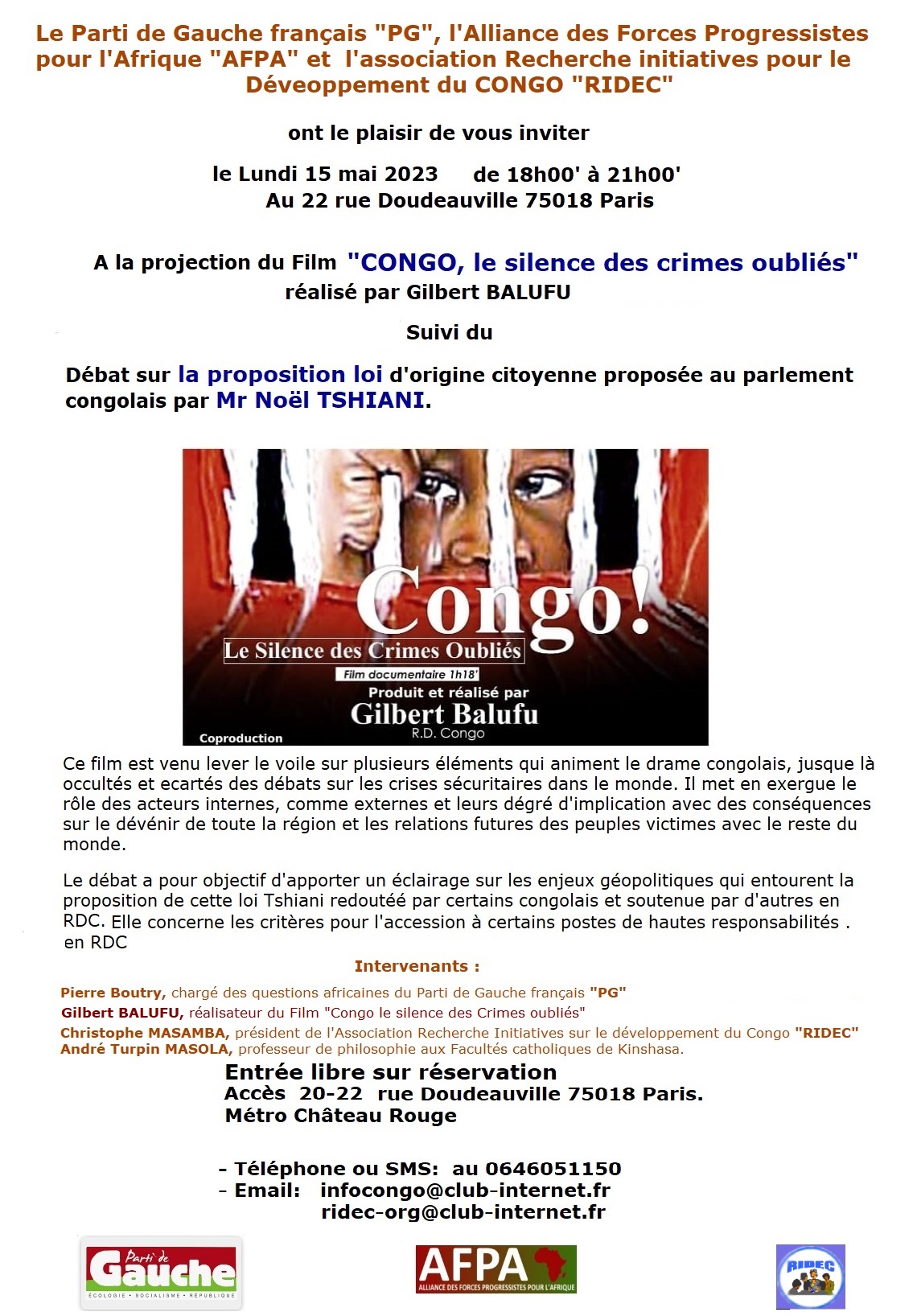 RDC : projection du film  CONGO ! Le silence des crimes oubliés et débat sur la proposition de loi « Tshiani » comparée à la question de l’Ivoirité.